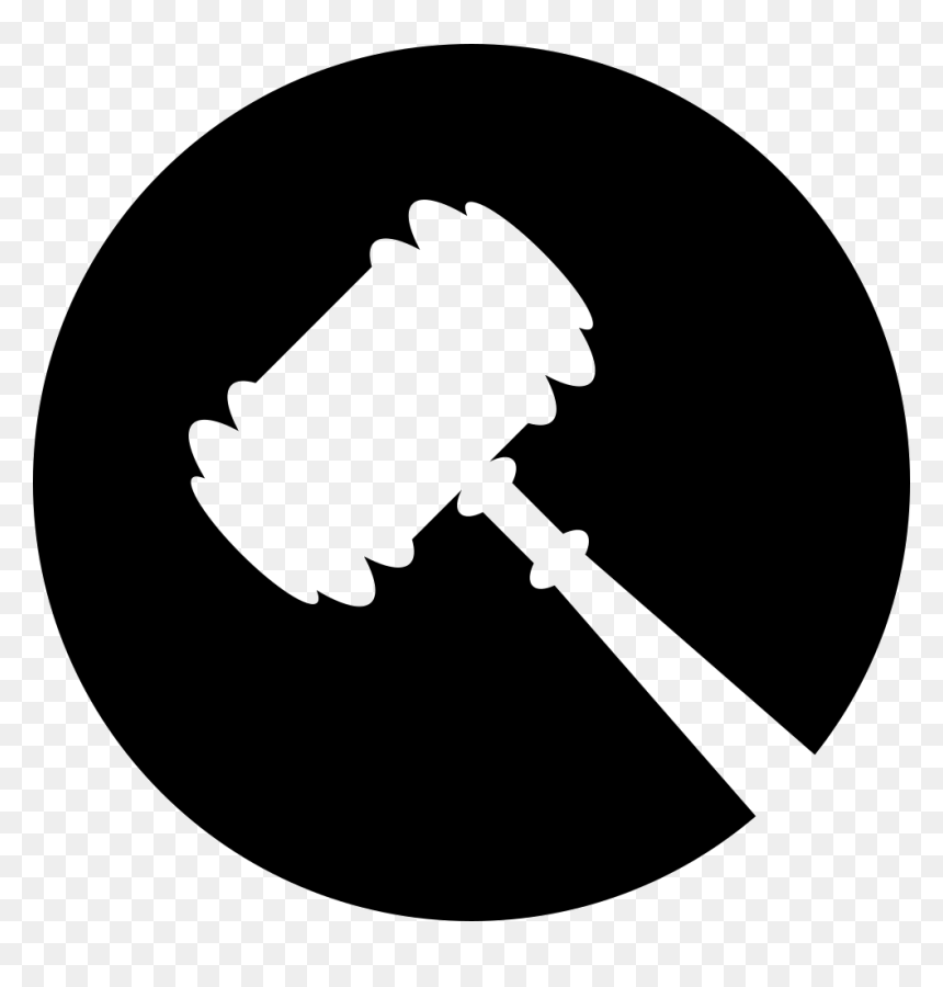 Black circular icon featuring a white gavel.